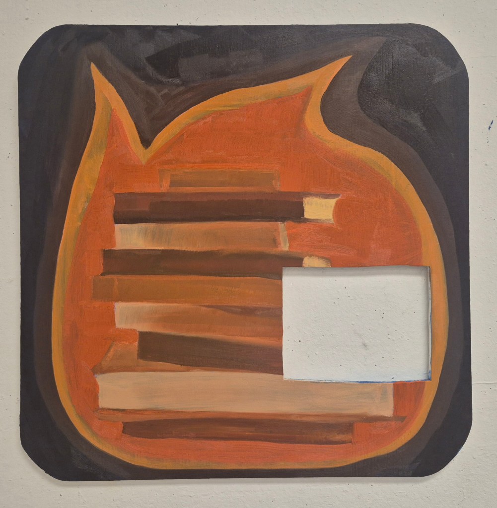 Picture of an oil painting of books on a fire with a square cut out into the wood panel.
