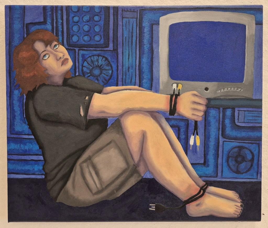 Picture of an oil painting with a person tied up with a AV cable connected to a CRT television with a blue background.