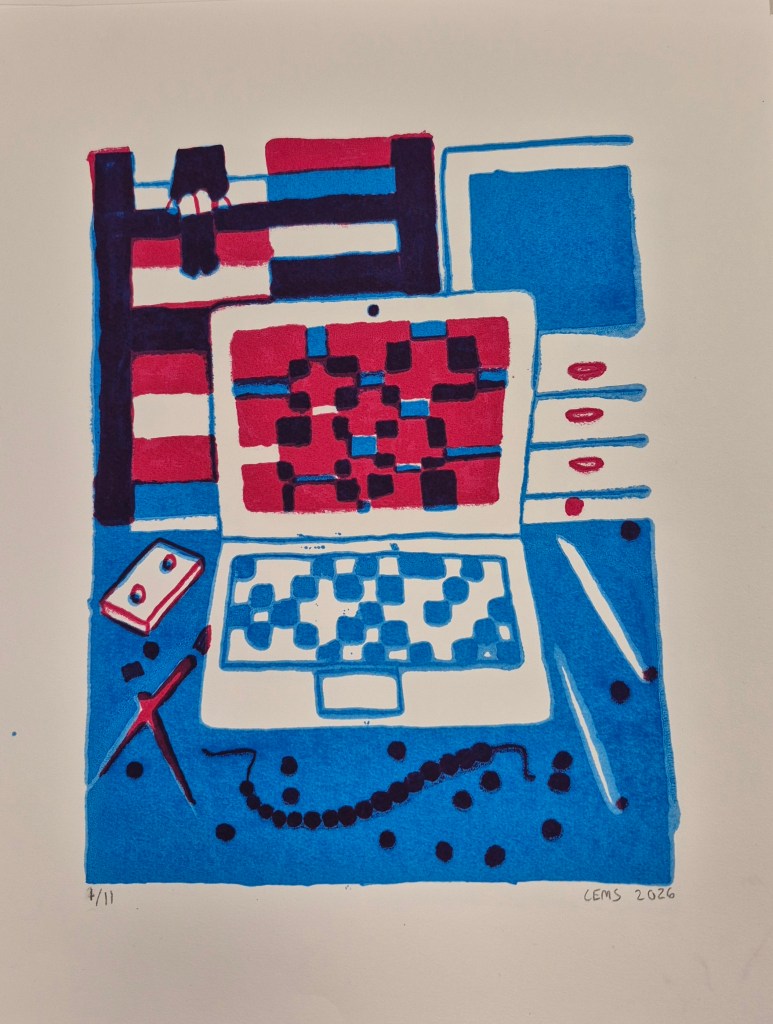 Picture of a screenprint of a desk scene with a laptop. The print is is done in two layers: one cyan one magenta.