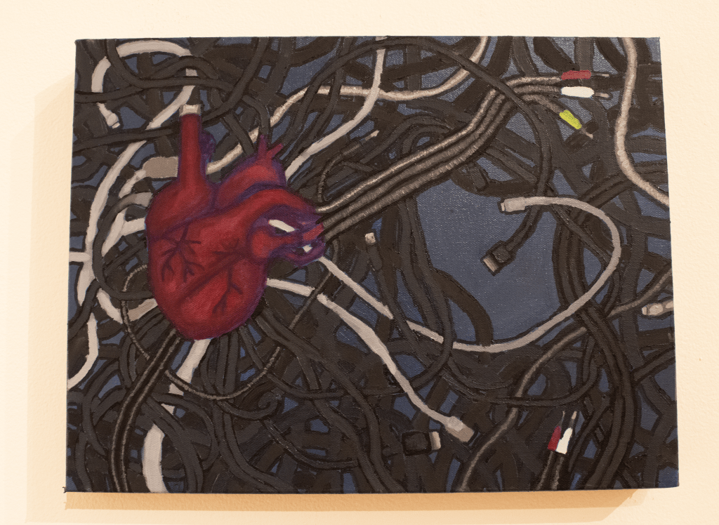 oil painting of a human heart connected by wires